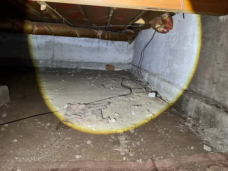 Dirt crawl space with debris and wiring before mitigation work